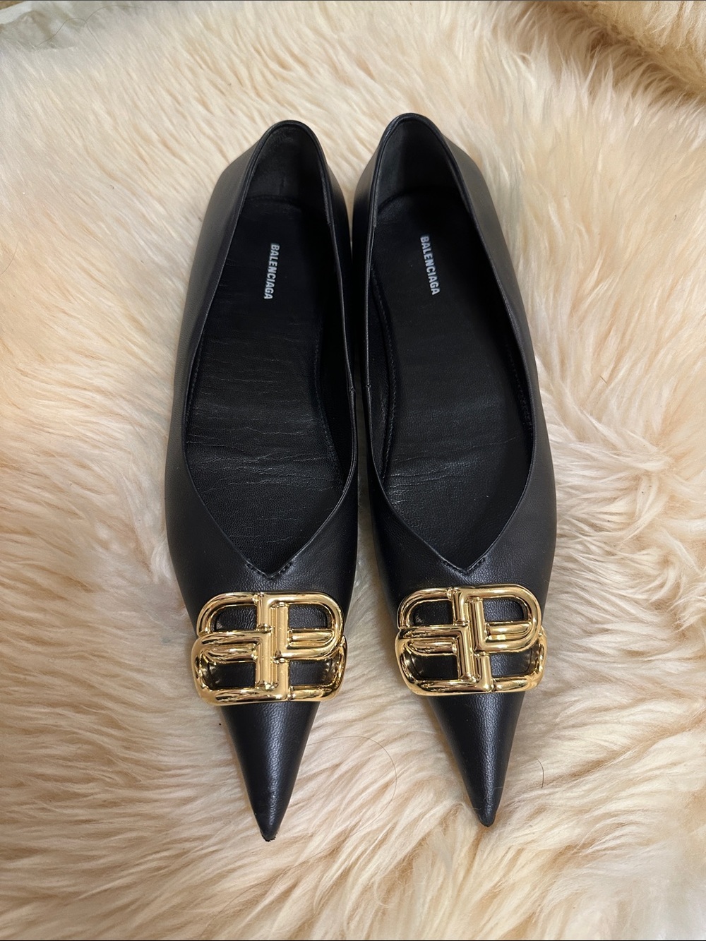 Balenciaga Black Pointed Flats with Gold BB Buckle